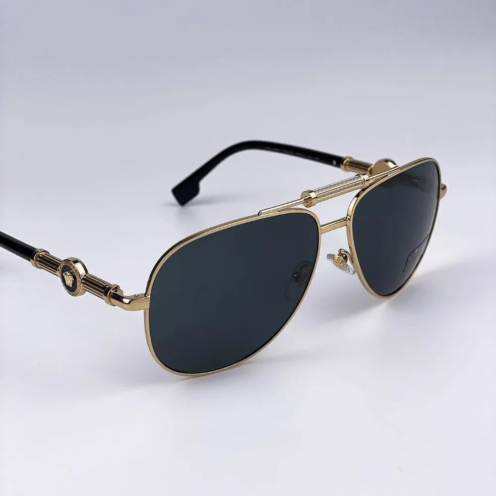 NEW Versace VE2236 100287 Gold Dark Gray Pilot Metal Unisex Sunglasses